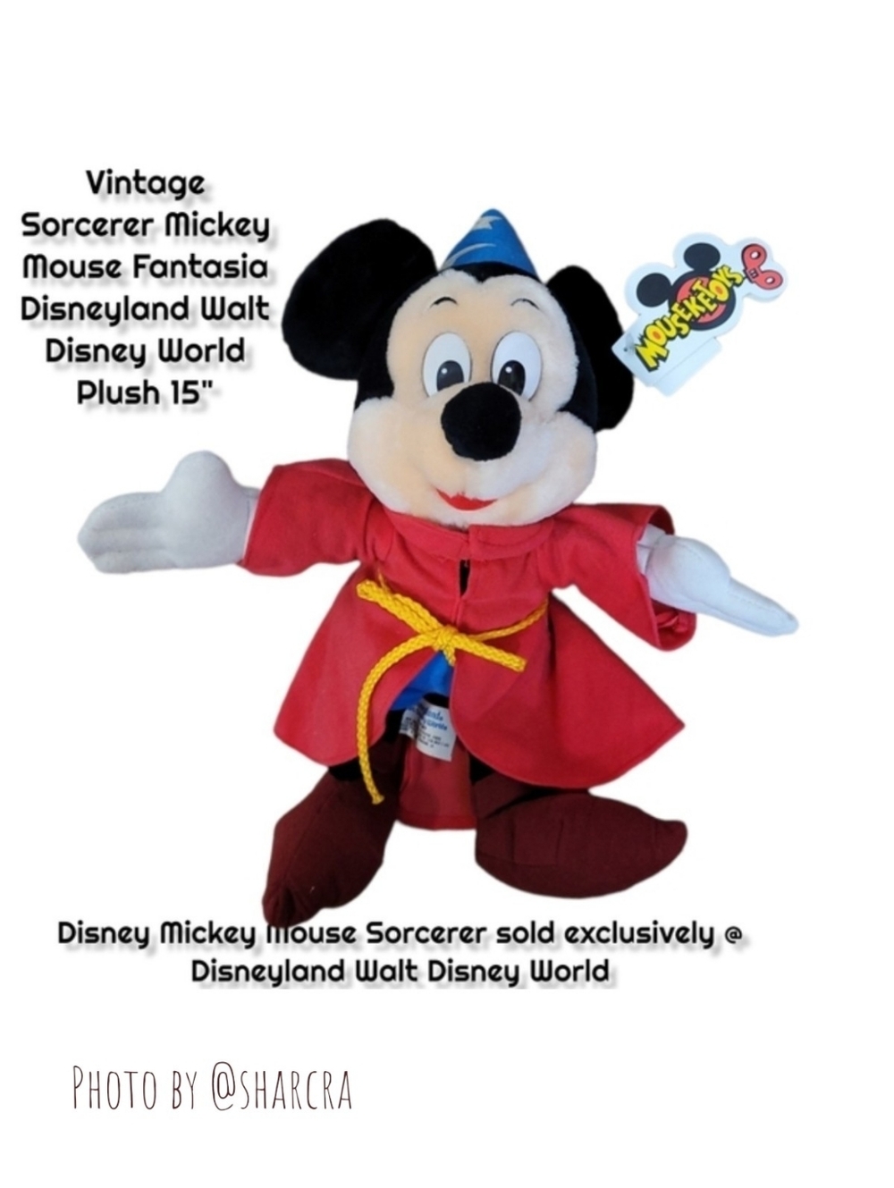Vintage Sorcerer Mickey Mouse Fantasia Disneyland Walt Disney World Plush 15"
